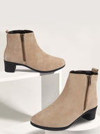 Shop Women Cheeku Flared Heel Mid Top Suede Leather Zipper Closure Winter Chelsea Boots Online.