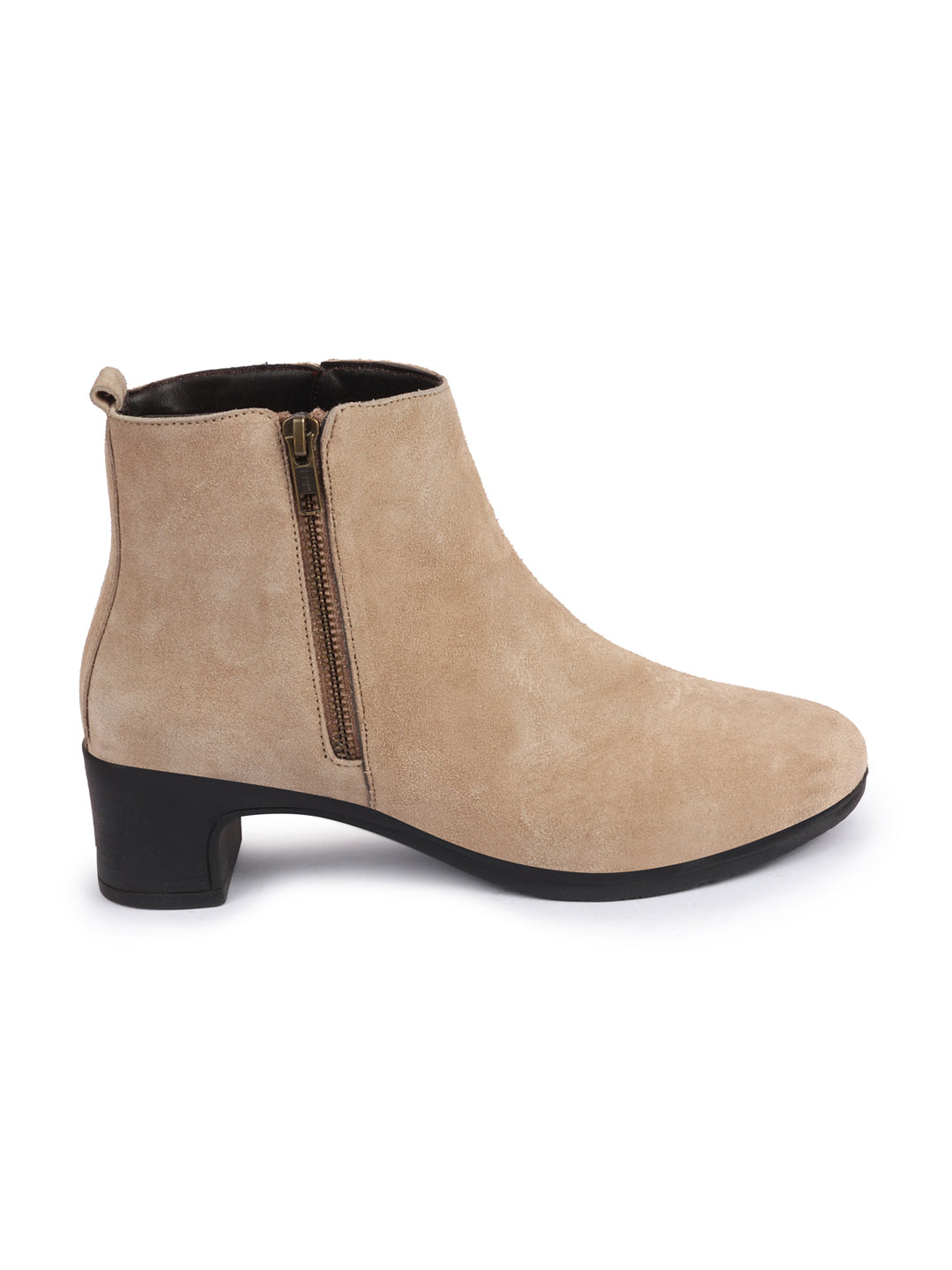 Shop Women Cheeku Flared Heel Mid Top Suede Leather Zipper Closure Winter Chelsea Boots Online.