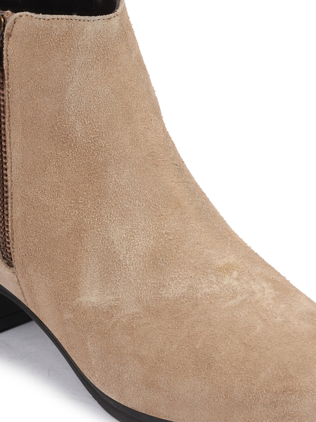 Shop Women Cheeku Flared Heel Mid Top Suede Leather Zipper Closure Winter Chelsea Boots Online.