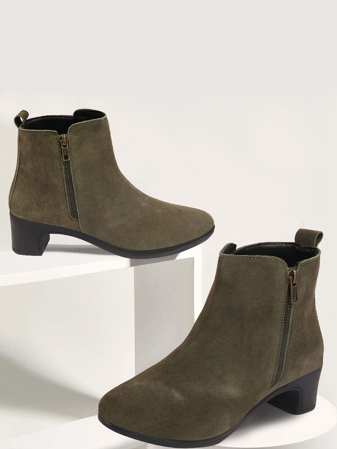 Shop Women Olive Flared Heel Mid Top Suede Leather Zipper Closure Winter Chelsea Boots Online.
