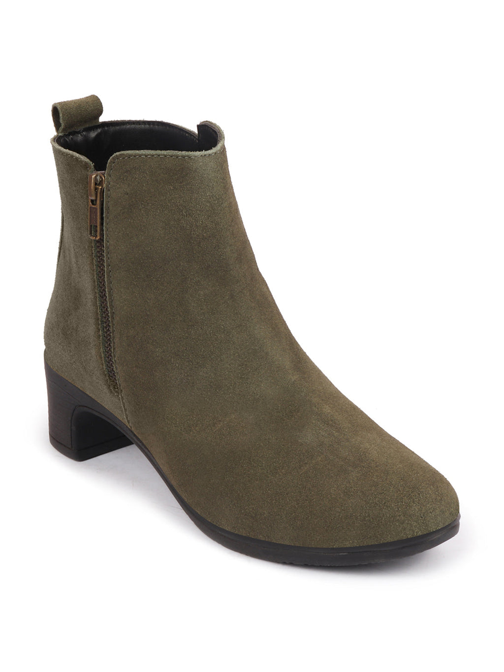 Shop Women Olive Flared Heel Mid Top Suede Leather Zipper Closure Winter Chelsea Boots Online.