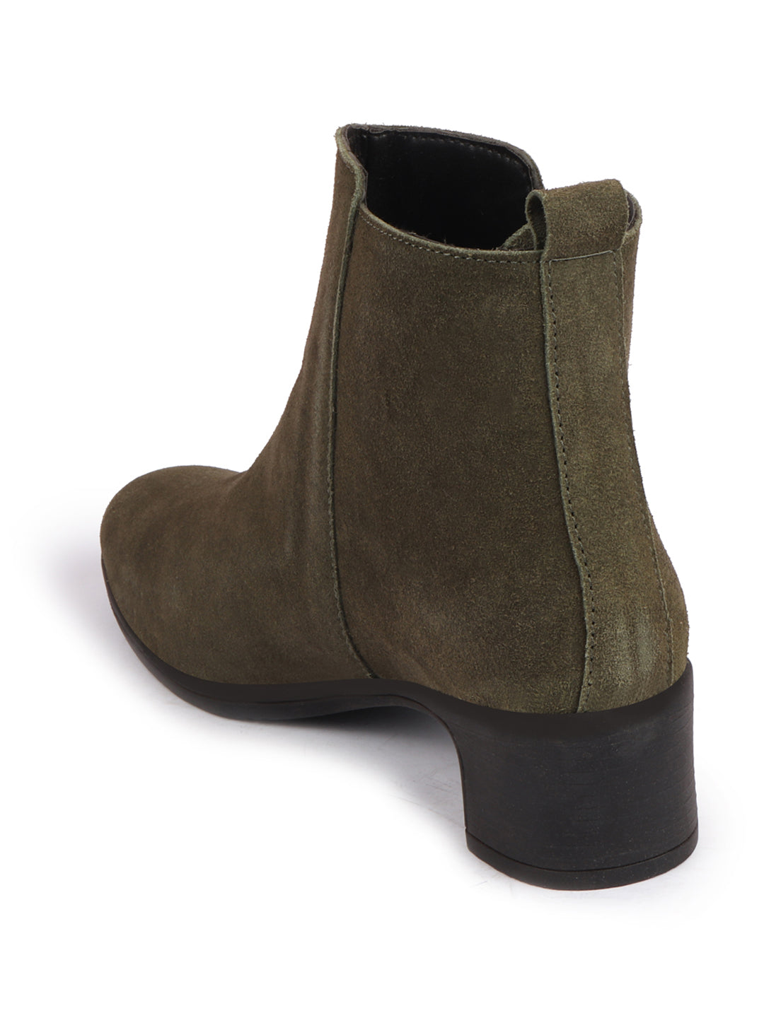 Shop Women Olive Flared Heel Mid Top Suede Leather Zipper Closure Winter Chelsea Boots Online.