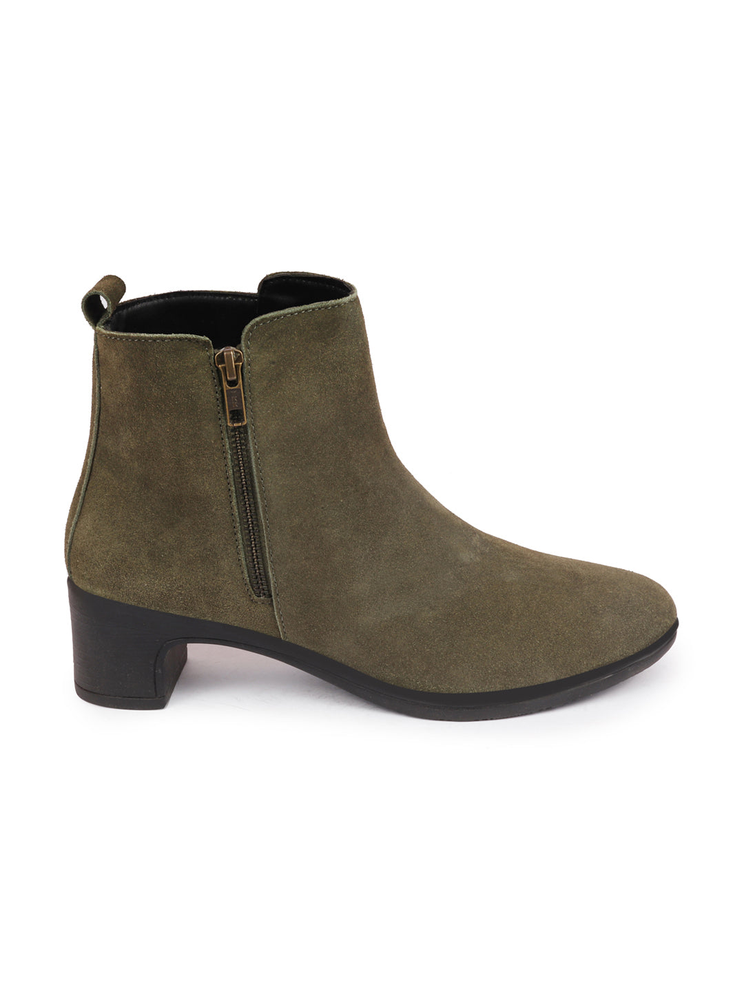 Shop Women Olive Flared Heel Mid Top Suede Leather Zipper Closure Winter Chelsea Boots Online.