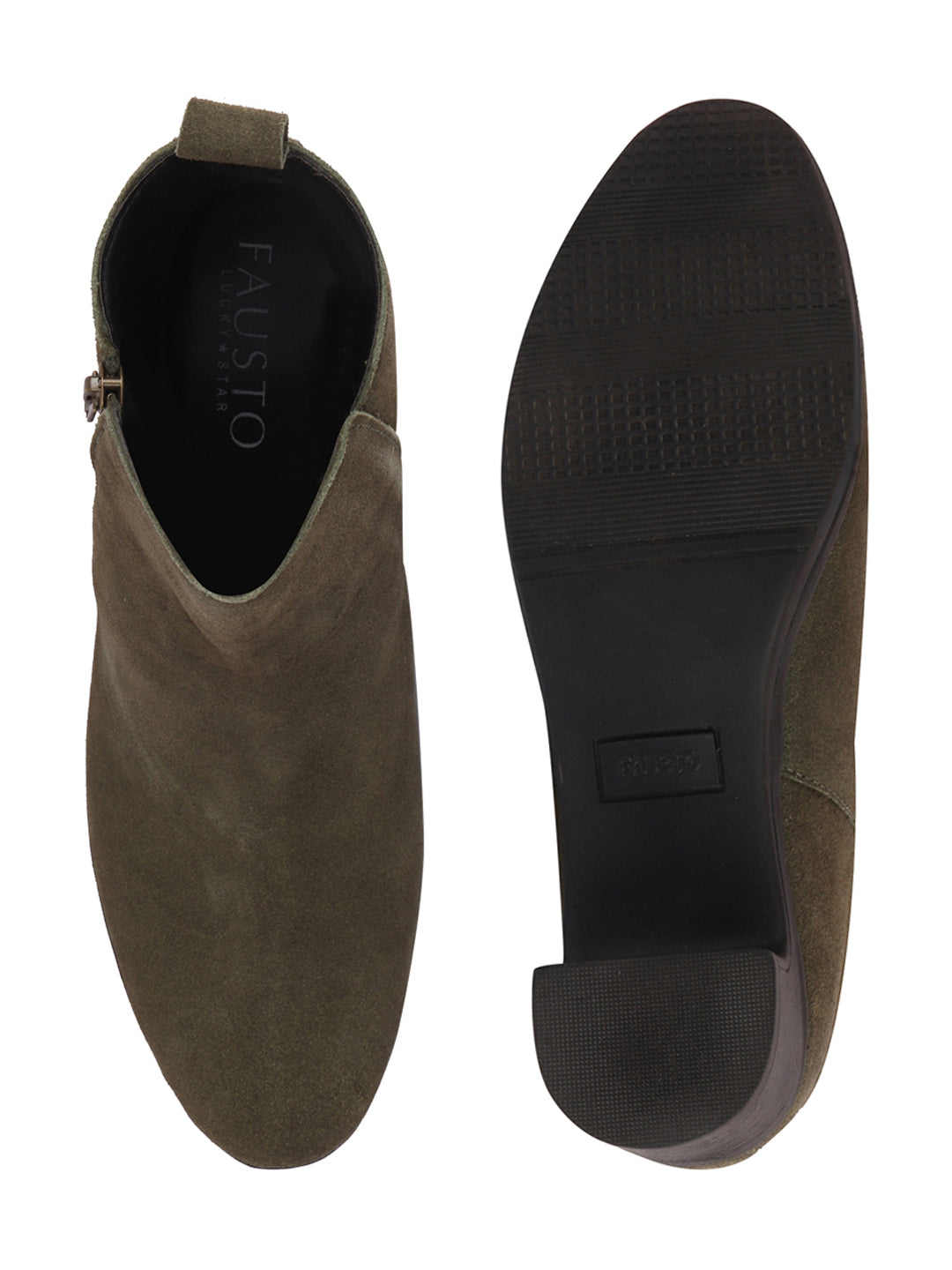 Shop Women Olive Flared Heel Mid Top Suede Leather Zipper Closure Winter Chelsea Boots Online.