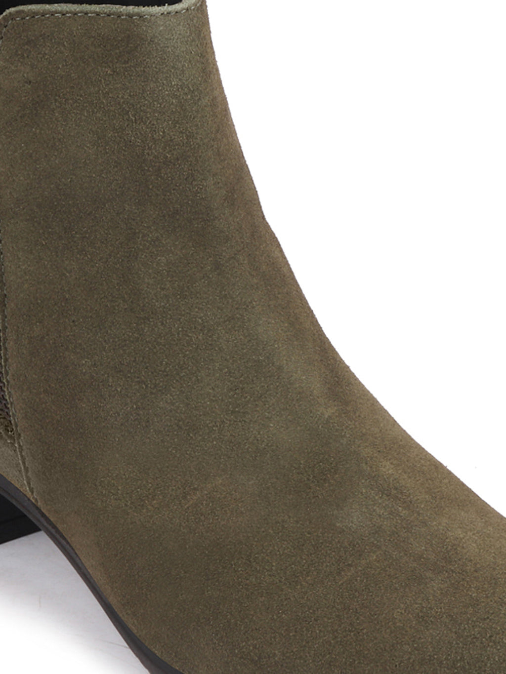 Shop Women Olive Flared Heel Mid Top Suede Leather Zipper Closure Winter Chelsea Boots Online.
