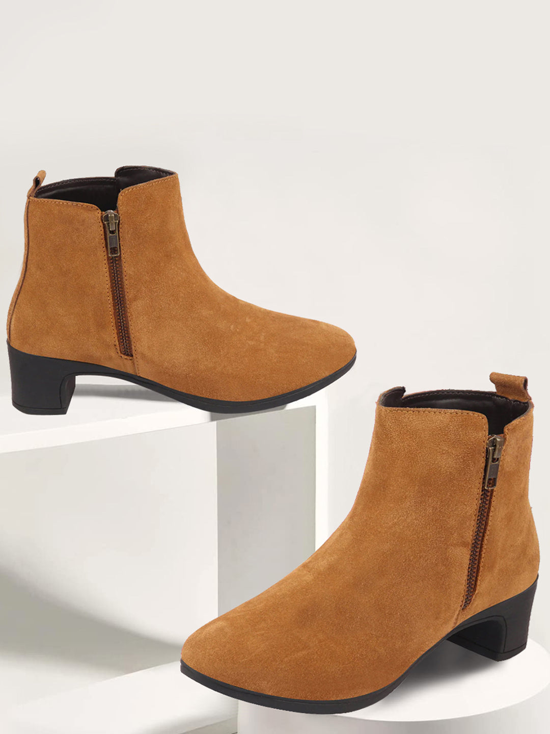 Shop Women Tan Flared Heel Mid Top Suede Leather Zipper Closure Winter Chelsea Boots Online.