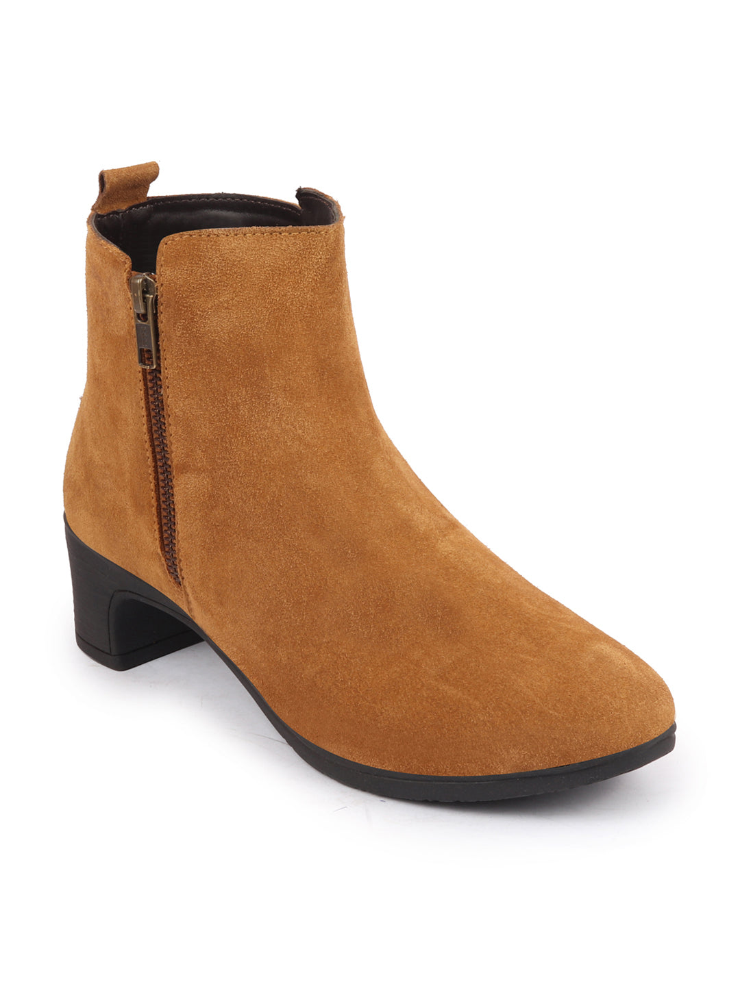 Shop Women Tan Flared Heel Mid Top Suede Leather Zipper Closure Winter Chelsea Boots Online.