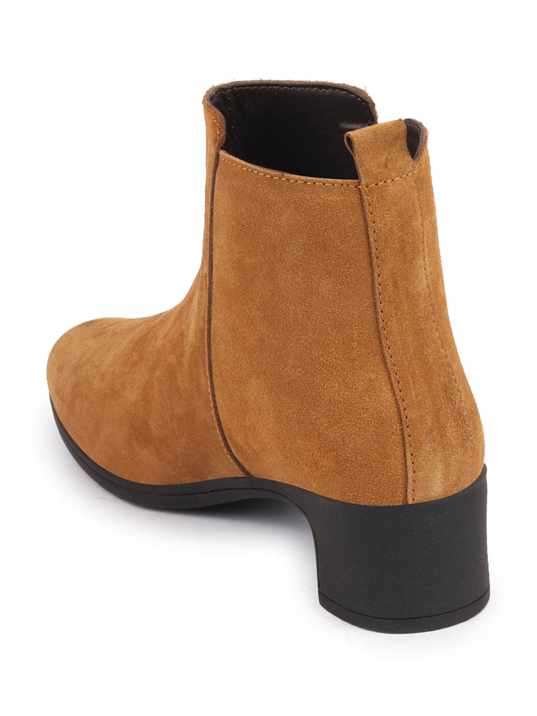 Shop Women Tan Flared Heel Mid Top Suede Leather Zipper Closure Winter Chelsea Boots Online.