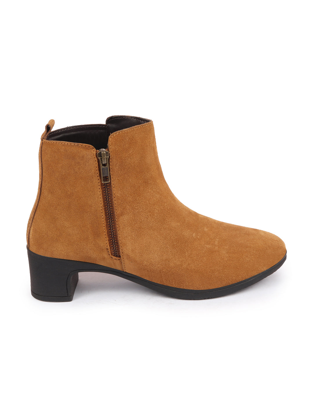 Shop Women Tan Flared Heel Mid Top Suede Leather Zipper Closure Winter Chelsea Boots Online.