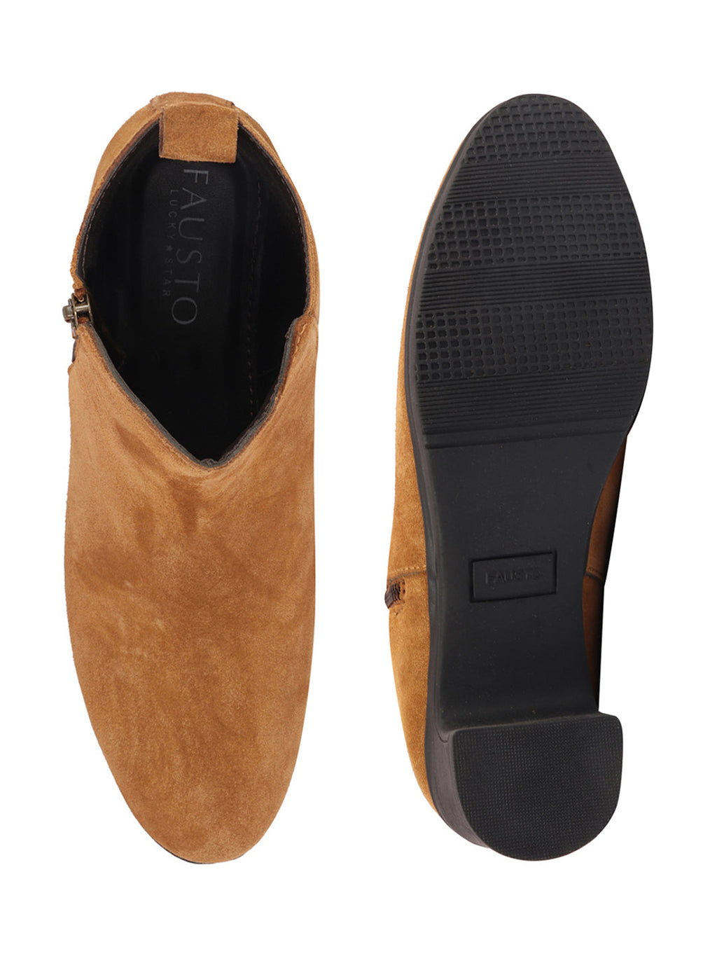 Shop Women Tan Flared Heel Mid Top Suede Leather Zipper Closure Winter Chelsea Boots Online.