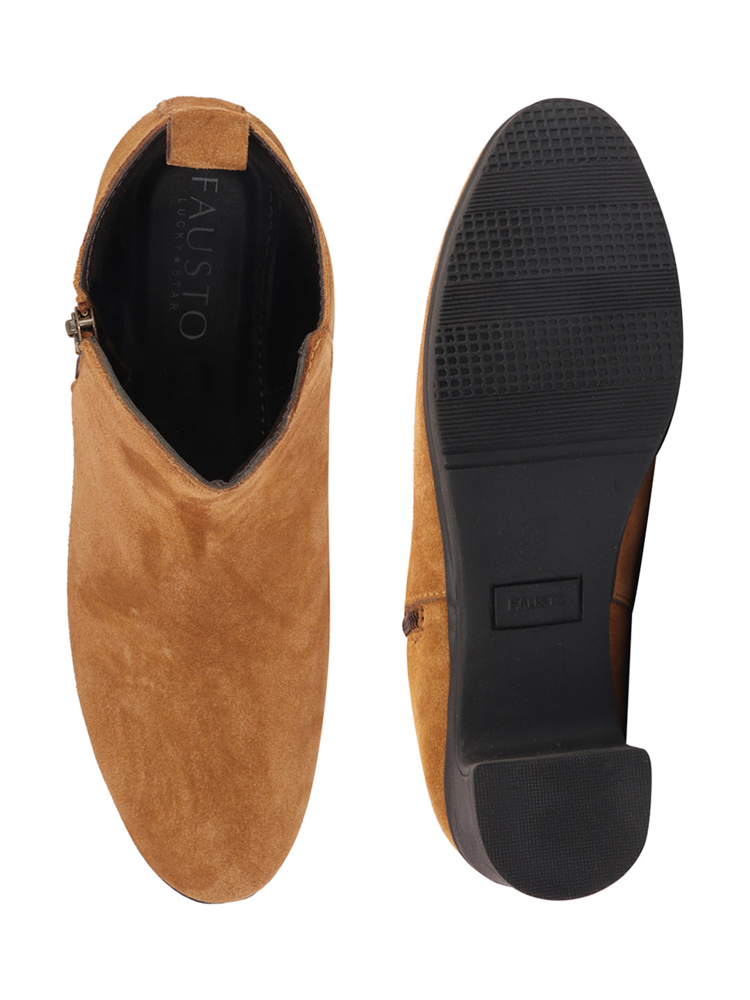 Shop Women Tan Flared Heel Mid Top Suede Leather Zipper Closure Winter Chelsea Boots Online.