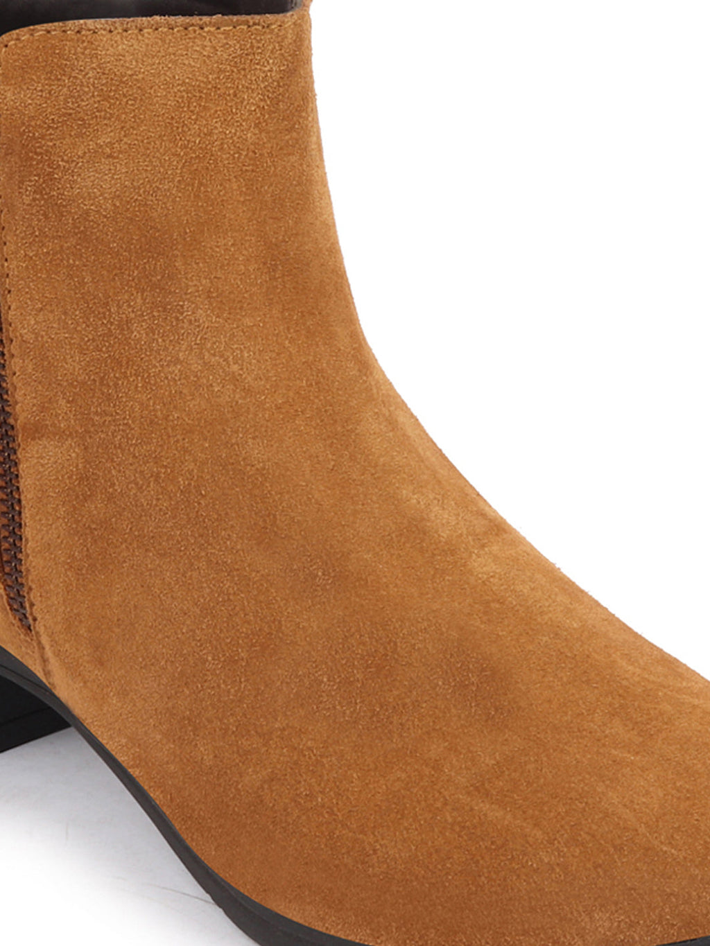 Shop Women Tan Flared Heel Mid Top Suede Leather Zipper Closure Winter Chelsea Boots Online.