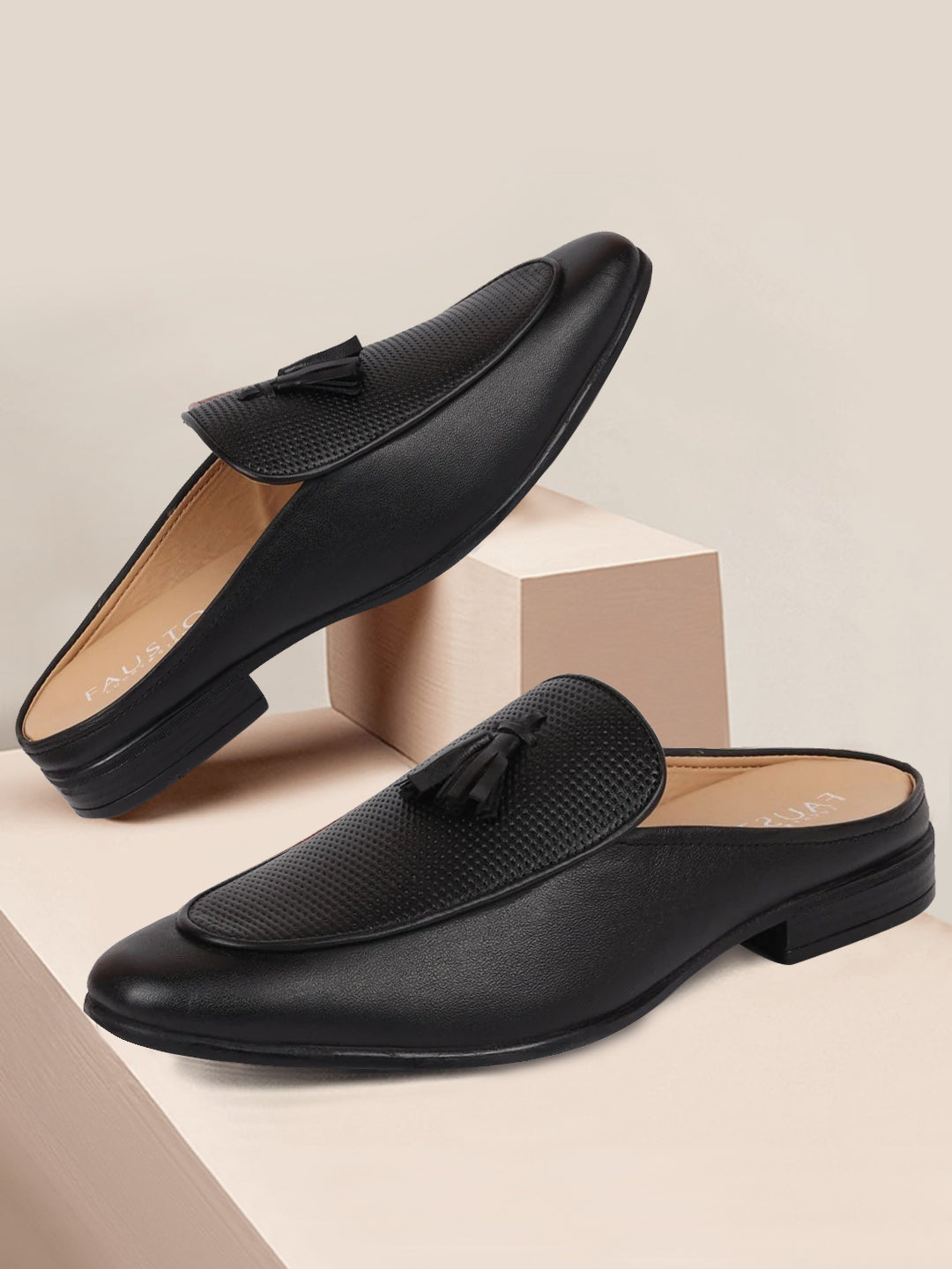 shop men black back open tassle leather slip on shoes online.