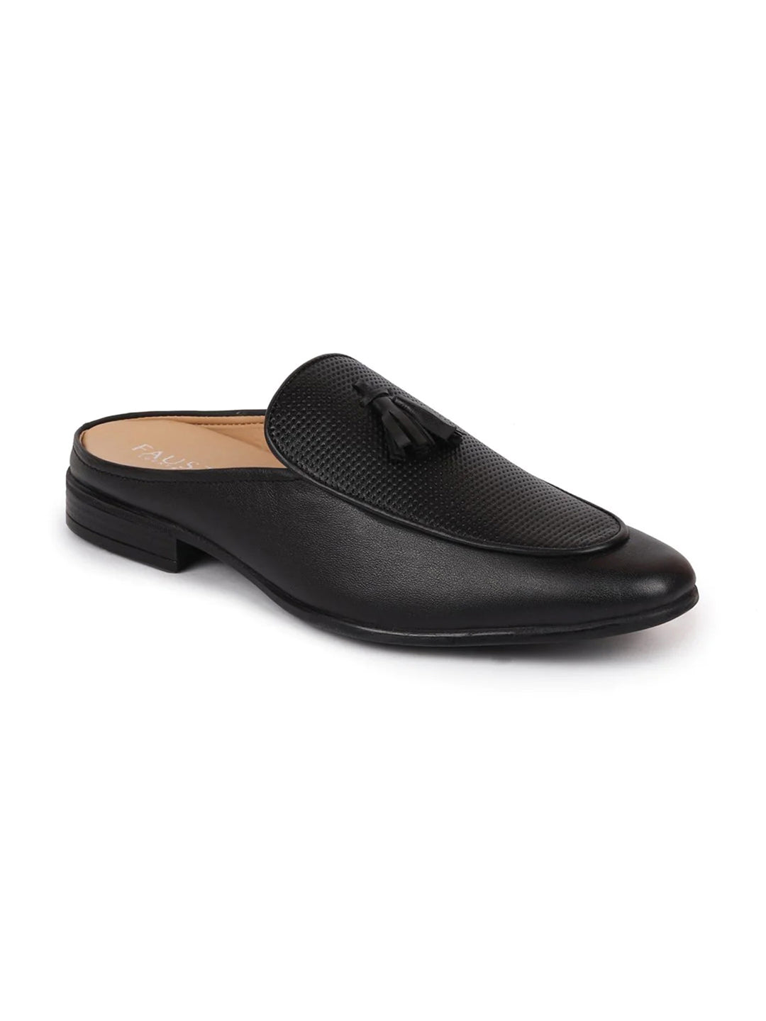 shop men black back open tassle leather slip on shoes online.