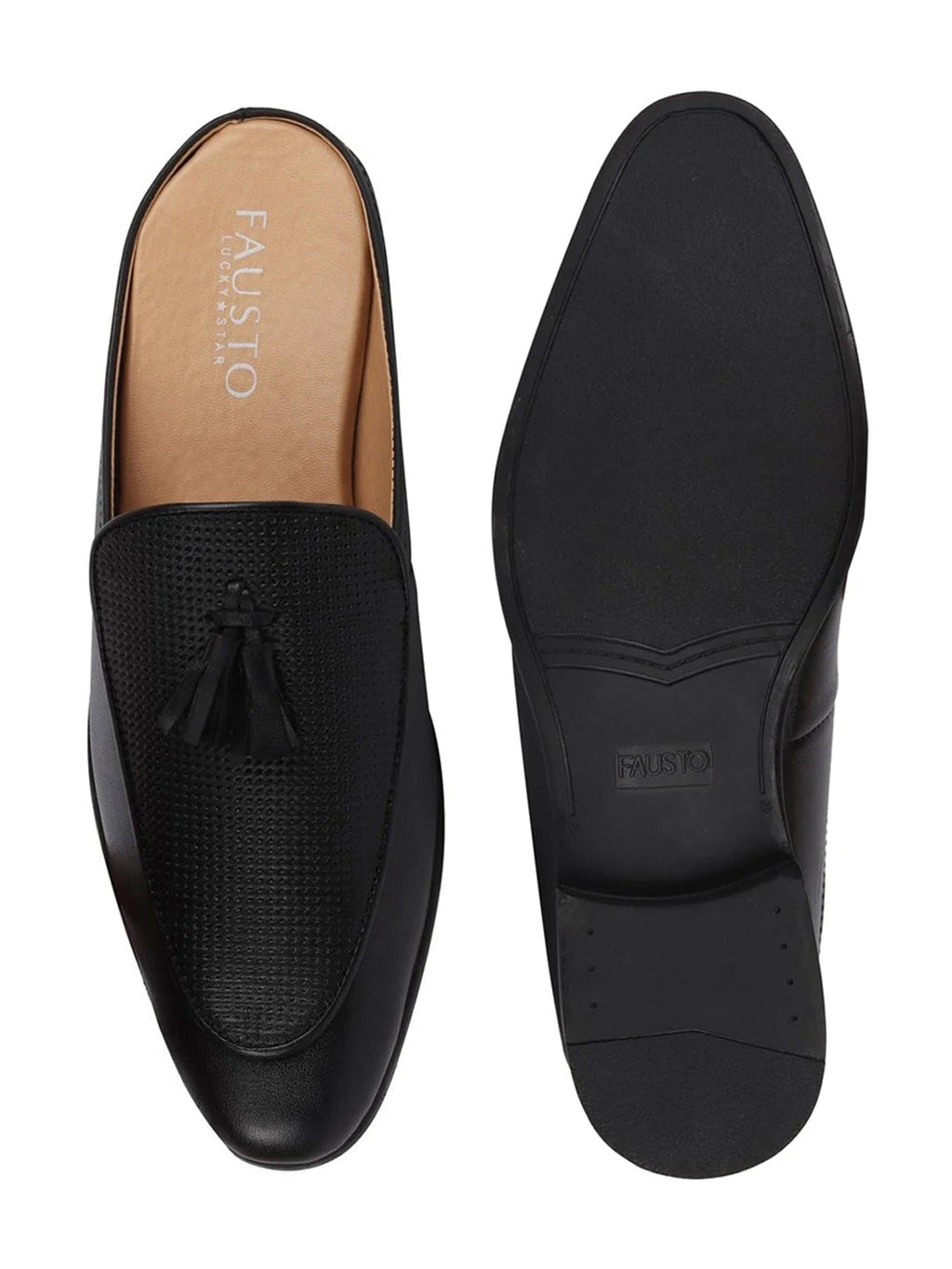 shop men black back open tassle leather slip on shoes online.