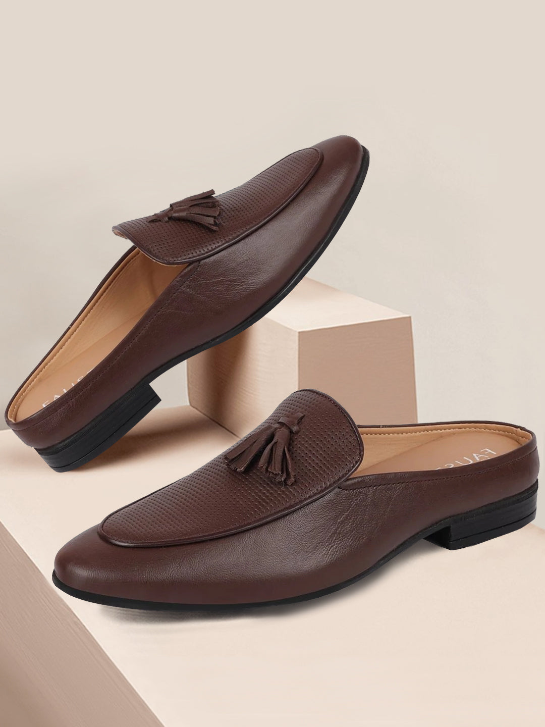 Shop Men Brown Back Open Tassle Leather Slip On Shoes Online.