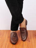 Shop Men Brown Back Open Tassle Leather Slip On Shoes Online.