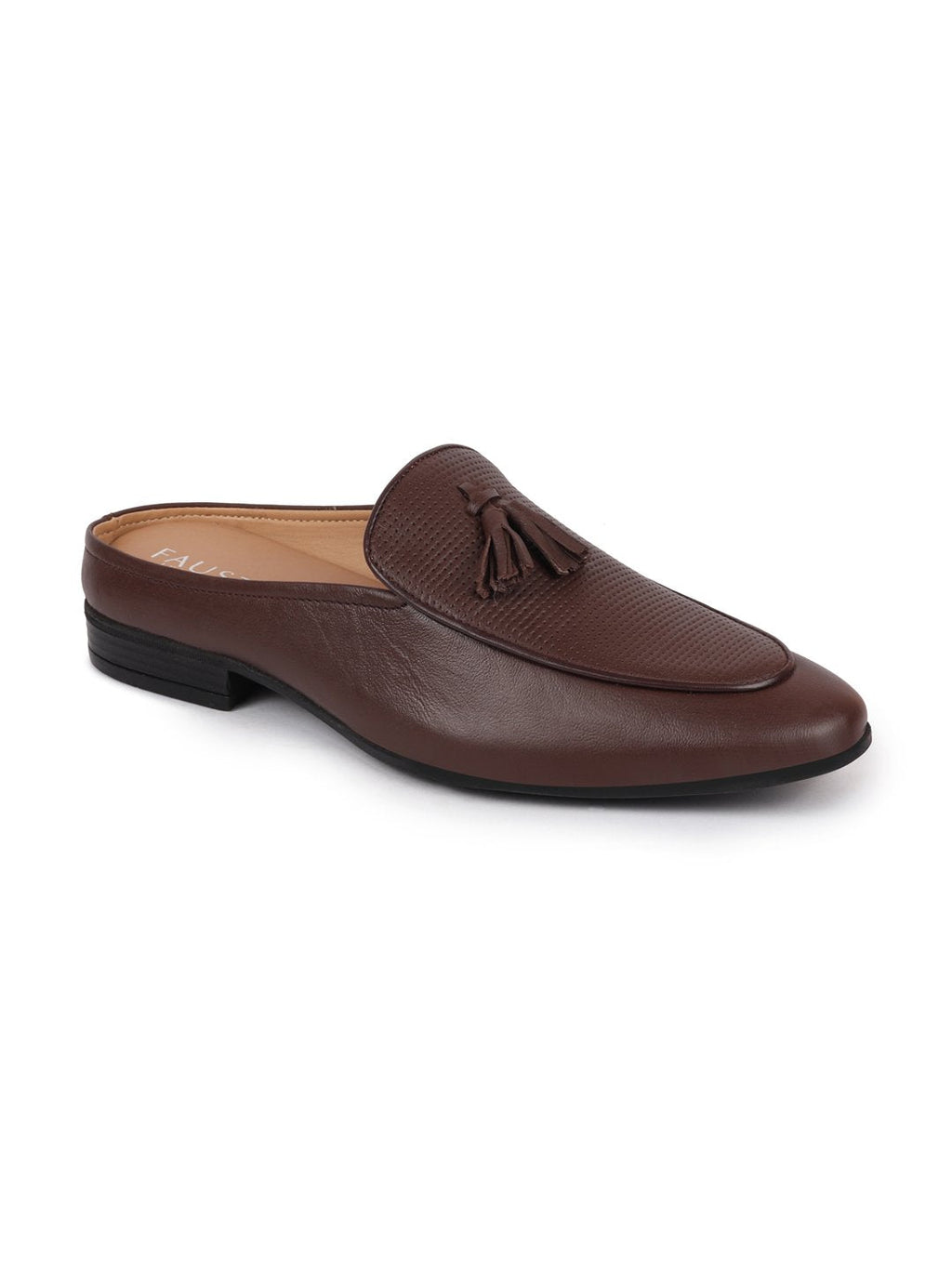 Shop Men Brown Back Open Tassle Leather Slip On Shoes Online.
