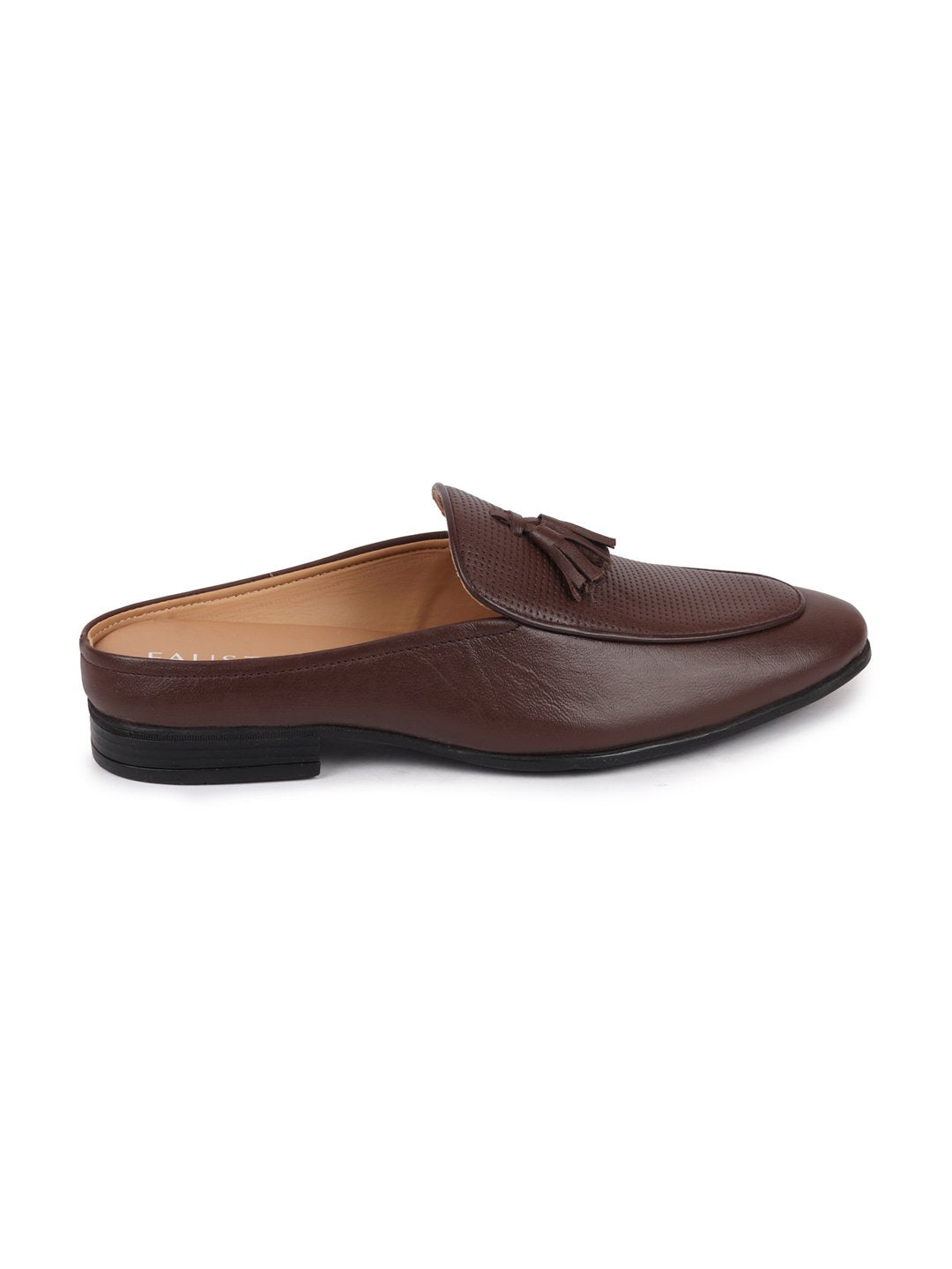 Shop Men Brown Back Open Tassle Leather Slip On Shoes Online.