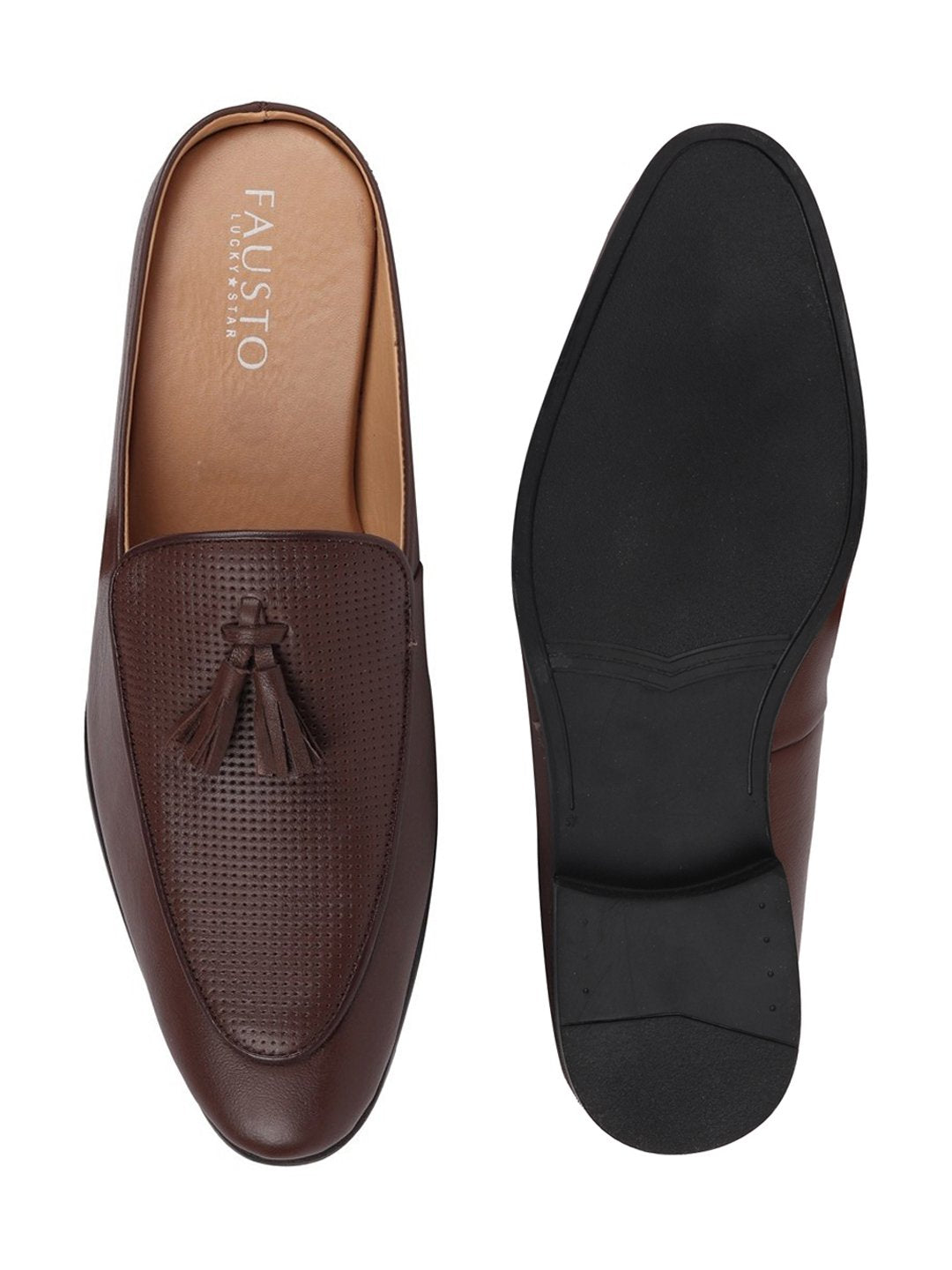 Shop Men Brown Back Open Tassle Leather Slip On Shoes Online.