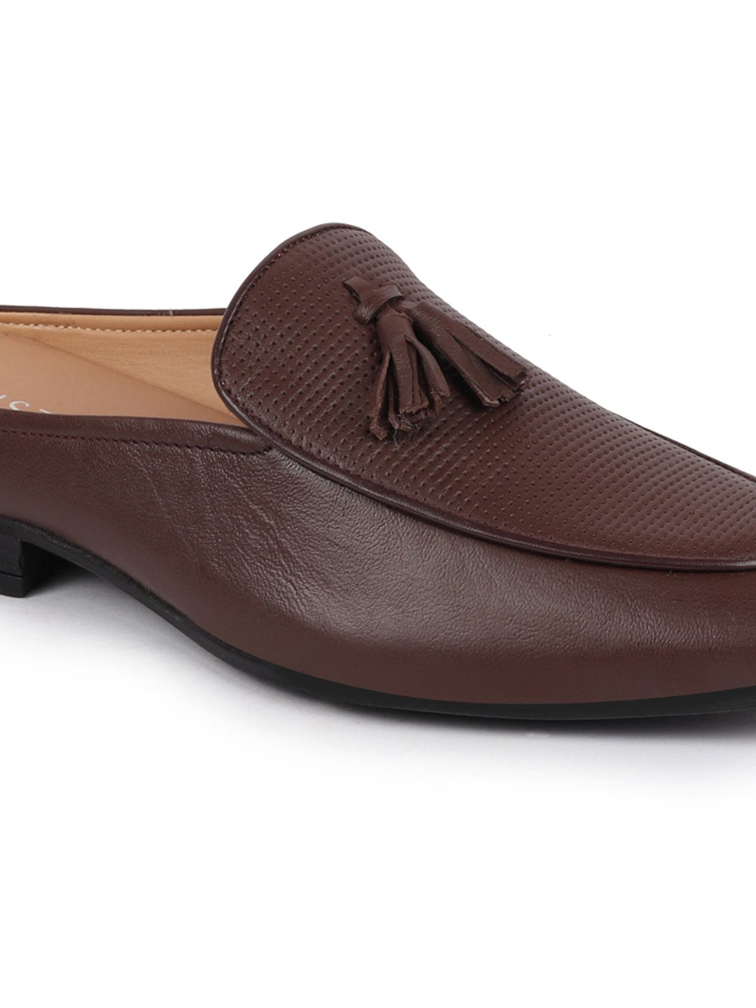 Shop Men Brown Back Open Tassle Leather Slip On Shoes Online.
