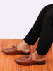 Men Tan Back Open Tassle Leather Slip On Shoes