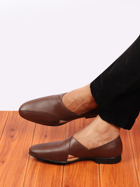 men formal brown peshawari front open leather slip on shoes