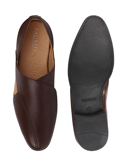 men formal brown peshawari front open leather slip on shoes