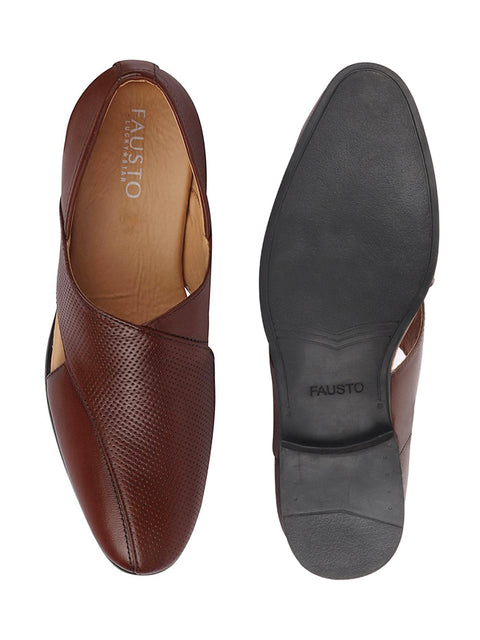 Shop Men Formal Tan Peshawari Front Open Leather Slip On Shoes Online.