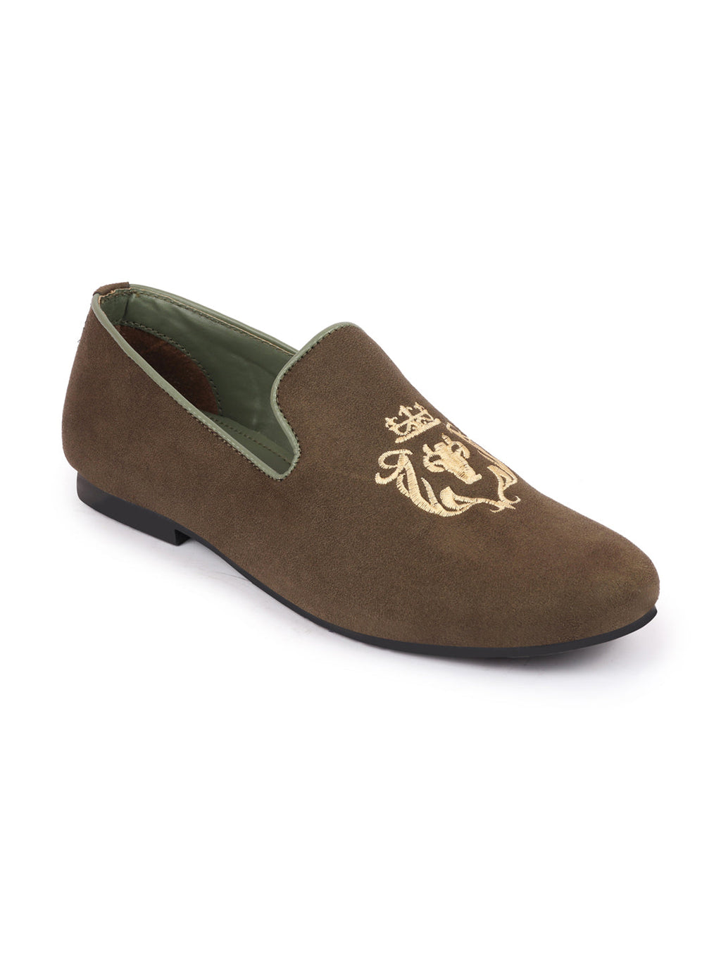 Shop Men Olive Embroidered Velvet Slip On Loafers Online.