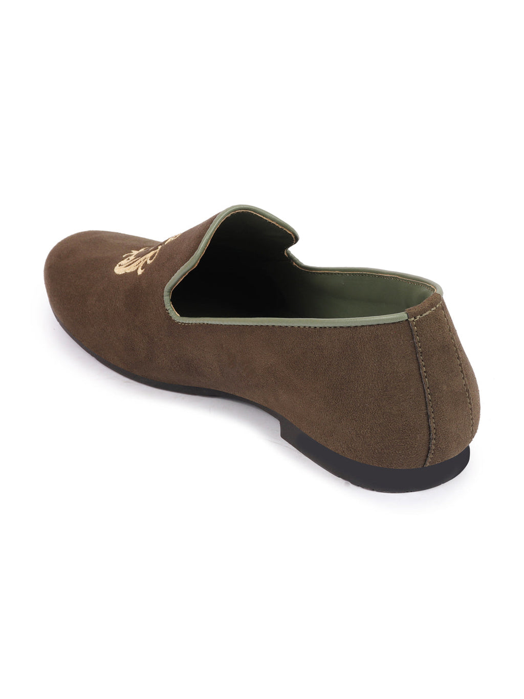 Shop Men Olive Embroidered Velvet Slip On Loafers Online.