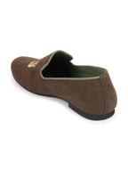 Shop Men Olive Embroidered Velvet Slip On Loafers Online.