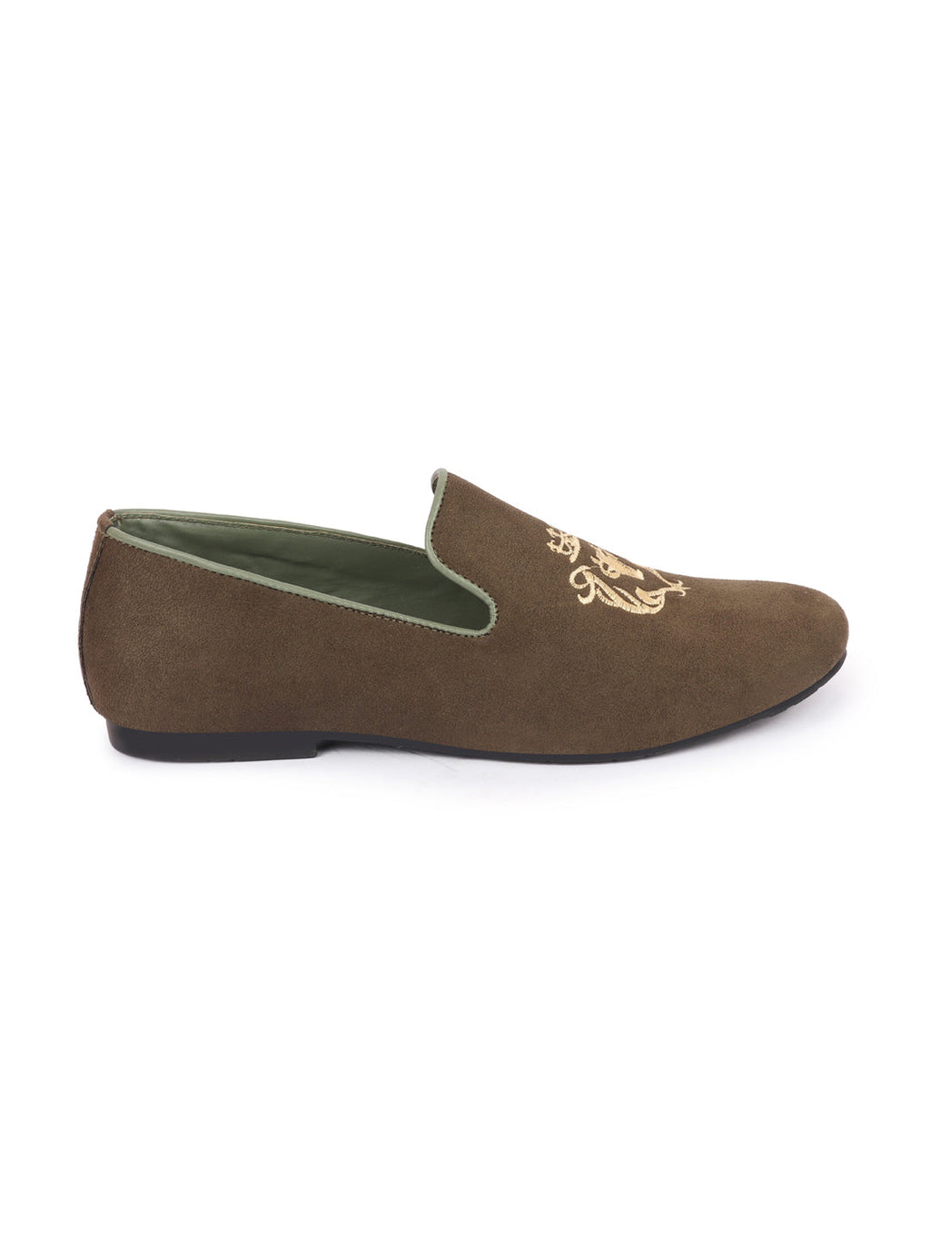 Shop Men Olive Embroidered Velvet Slip On Loafers Online.
