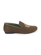 Shop Men Olive Embroidered Velvet Slip On Loafers Online.