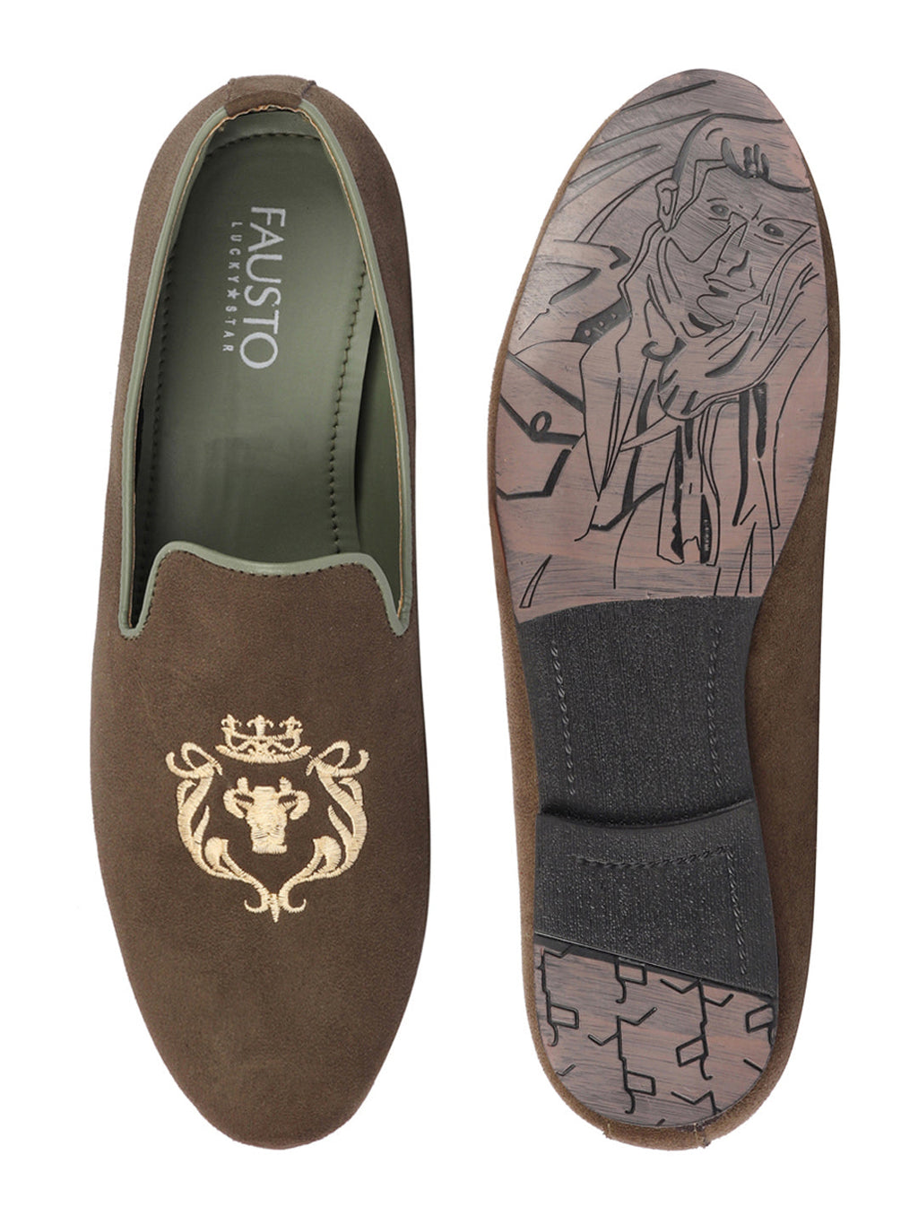 Shop Men Olive Embroidered Velvet Slip On Loafers Online.