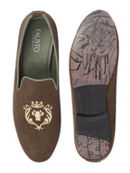 Shop Men Olive Embroidered Velvet Slip On Loafers Online.