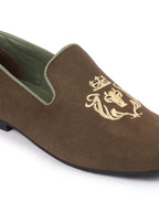 Shop Men Olive Embroidered Velvet Slip On Loafers Online.
