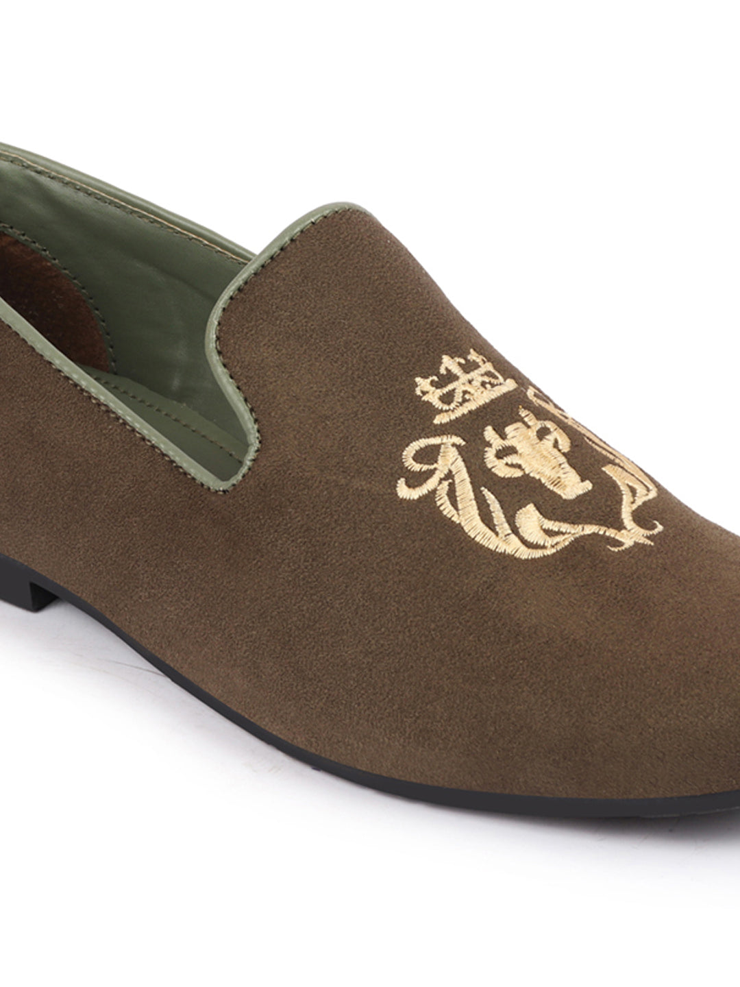 Shop Men Olive Embroidered Velvet Slip On Loafers Online.