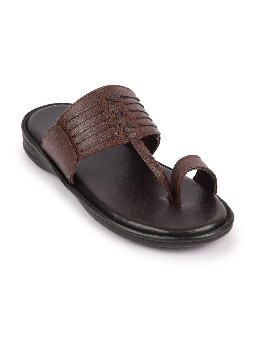 Shop Men Brown Daily Indoor Outdoor Comfort Stitched Design Kolhapuri Toe Ring Slip On Slipper Online.