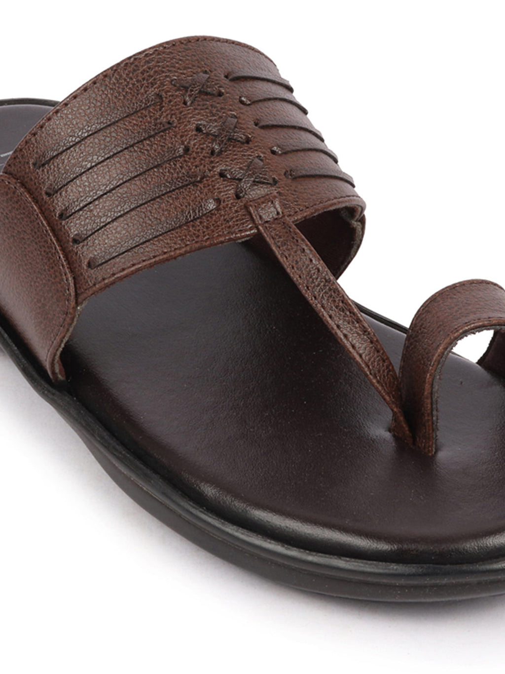 Shop Men Brown Daily Indoor Outdoor Comfort Stitched Design Kolhapuri Toe Ring Slip On Slipper Online.