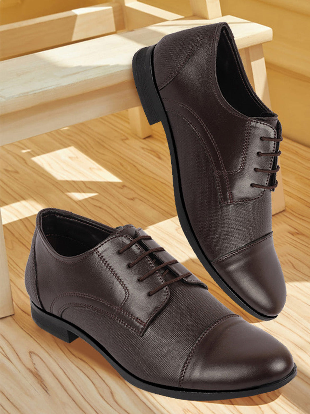 Shop Men Brown Formal Office Textured Design Cap Toe Genuine Leather Lace Up Shoes Online.