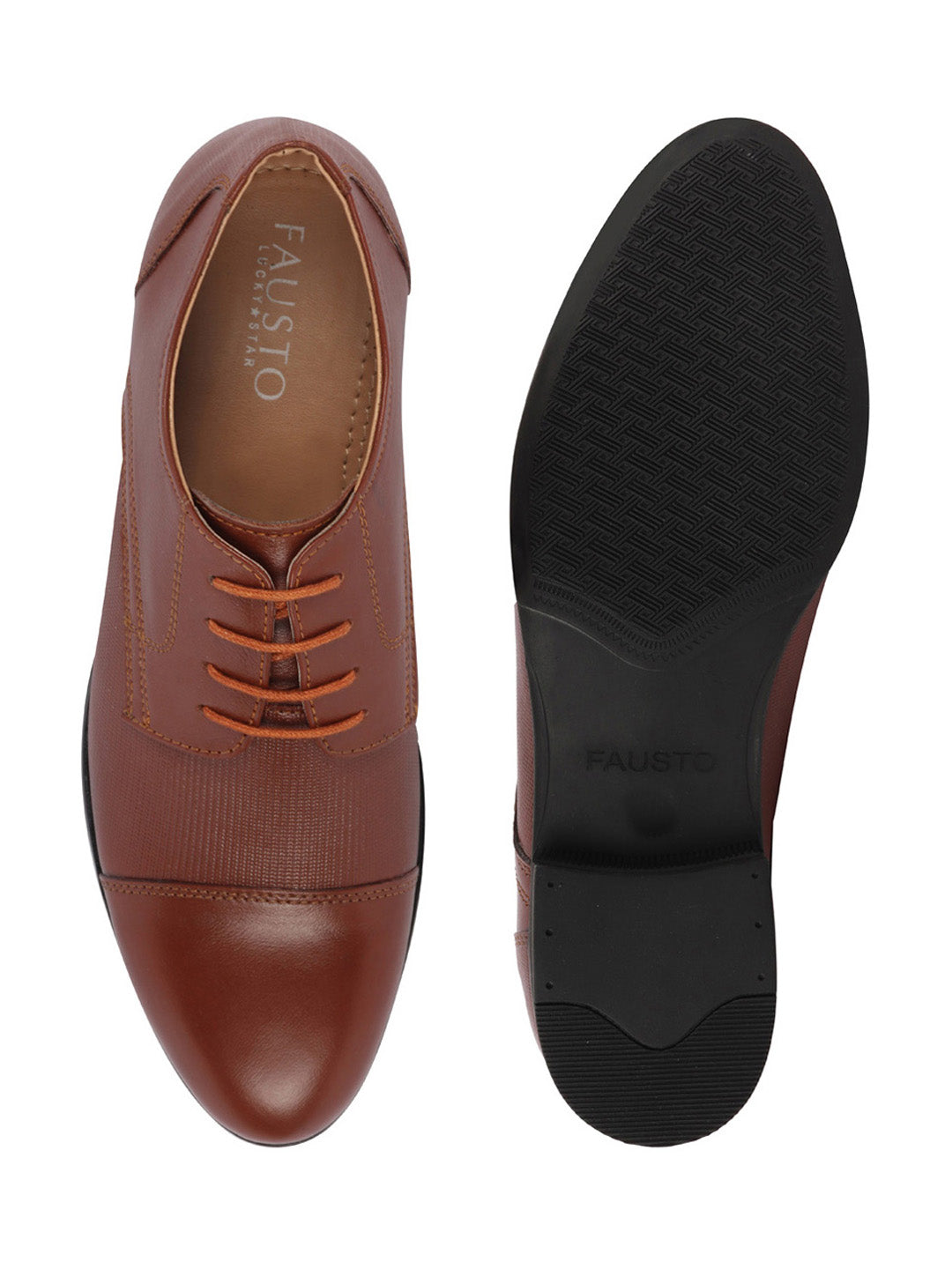 Shop Men Tan Formal Office Textured Design Cap Toe Genuine Leather Lace Up Shoes Online.