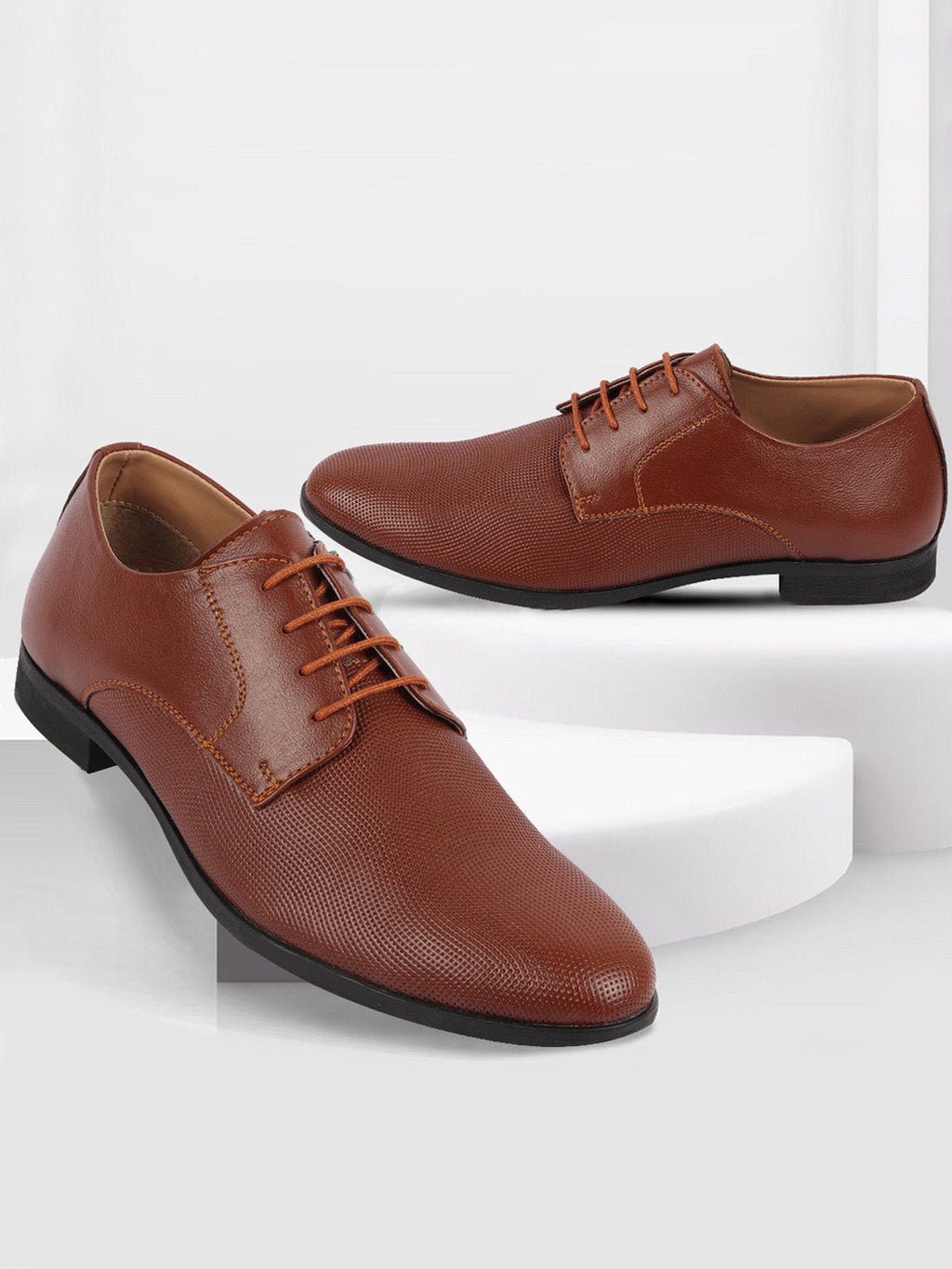 Shop Men Tan Formal Office Textured Design Stitched Genuine Leather Lace Up Shoes Online.
