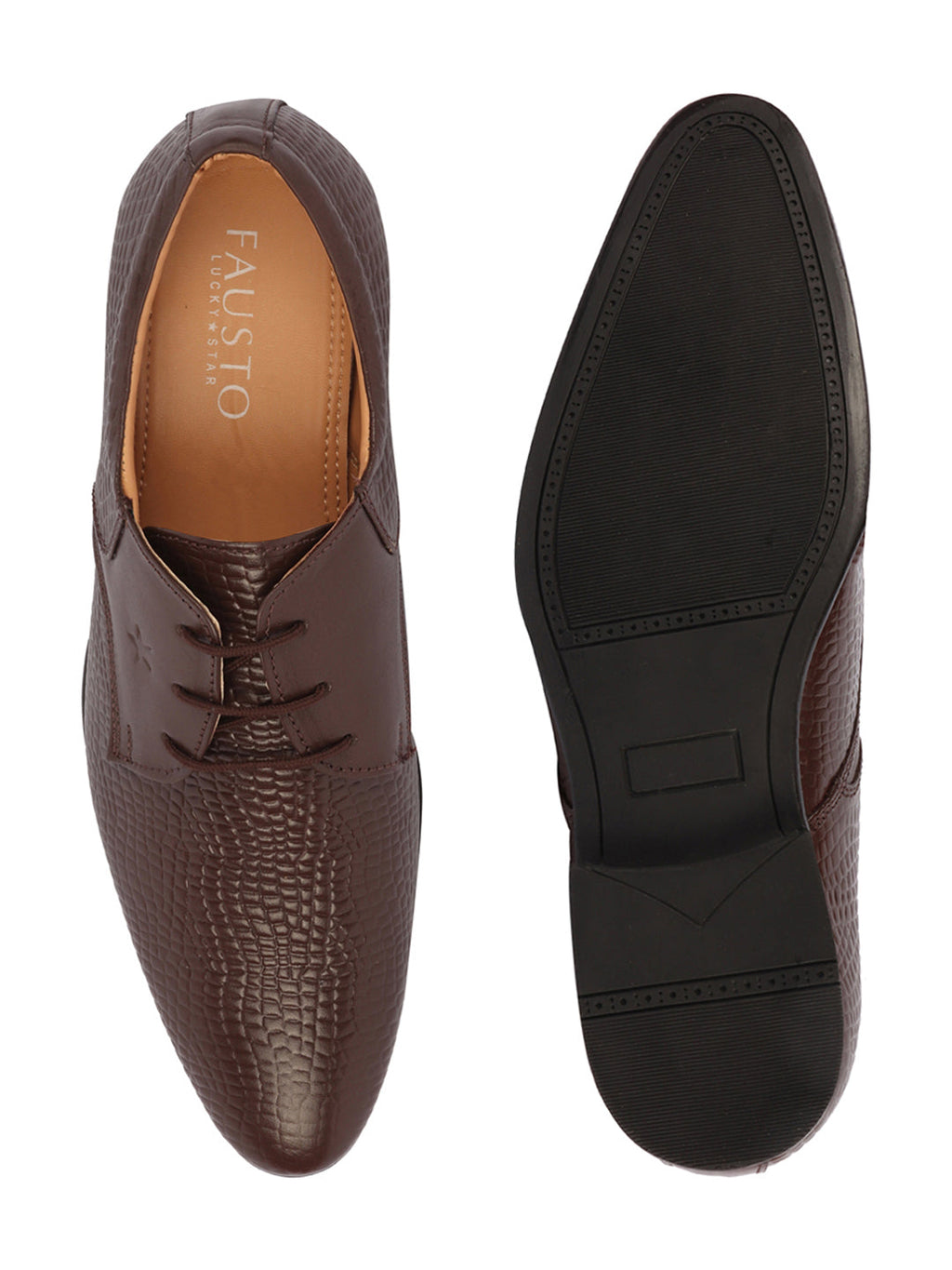 Shop Men Brown Formal Leather Embossed Office Lace Up Shoes Online.