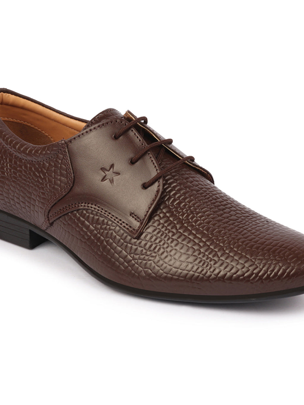 Shop Men Brown Formal Leather Embossed Office Lace Up Shoes Online.