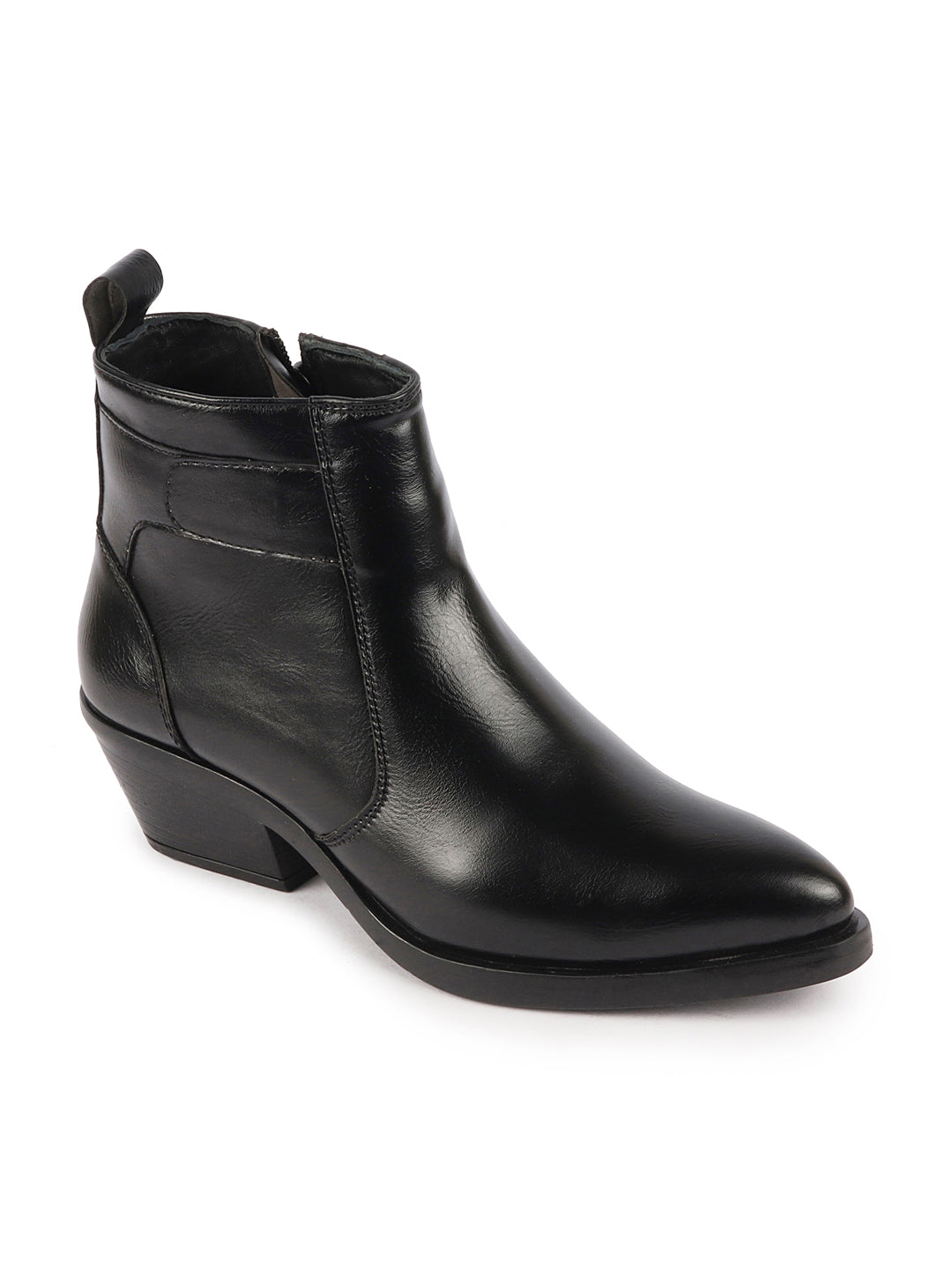 Shop Women Black Mid Top Side Zipper Slip On Flared Heel Pointed Toe Chelsea Boots Online.