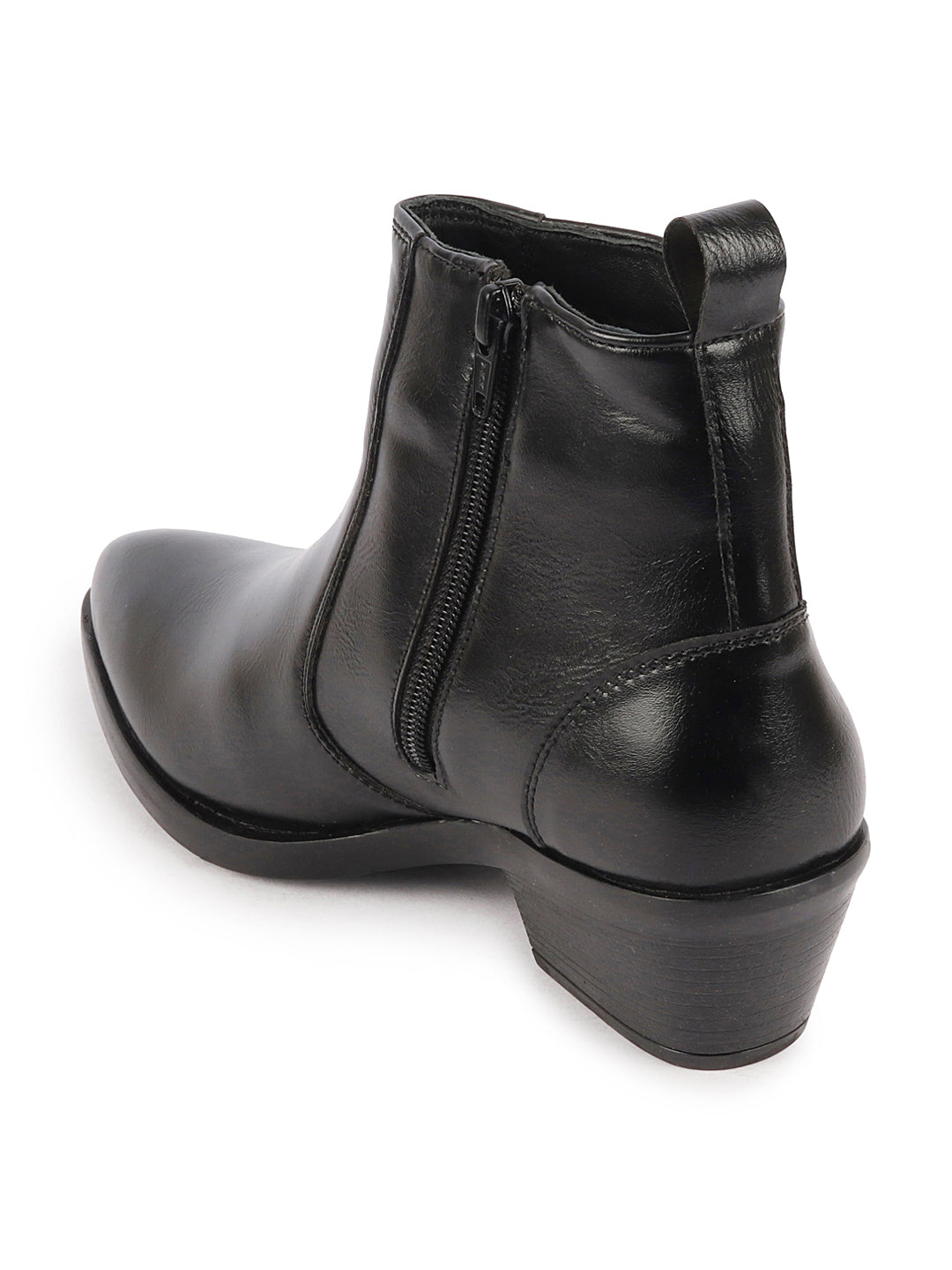 Shop Women Black Mid Top Side Zipper Slip On Flared Heel Pointed Toe Chelsea Boots Online.