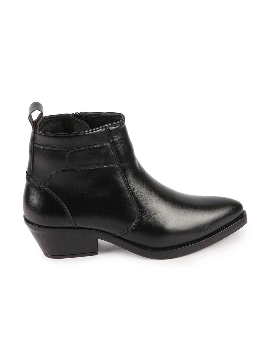 Shop Women Black Mid Top Side Zipper Slip On Flared Heel Pointed Toe Chelsea Boots Online.