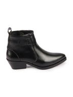 Shop Women Black Mid Top Side Zipper Slip On Flared Heel Pointed Toe Chelsea Boots Online.