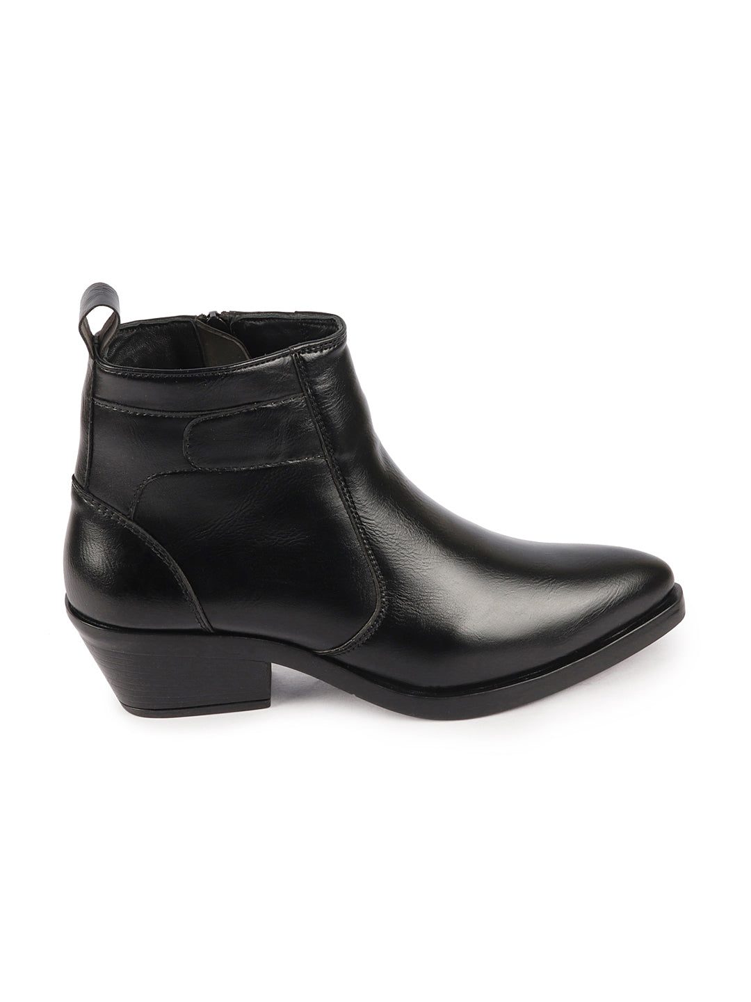 Shop Women Black Mid Top Side Zipper Slip On Flared Heel Pointed Toe Chelsea Boots Online.